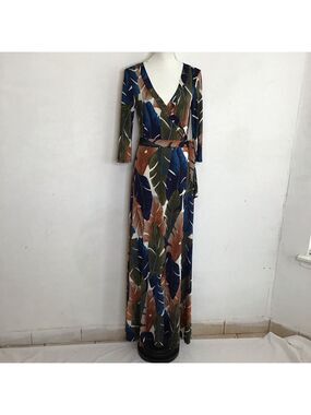 Janette Women Elegant Blue Brown Tropical Leaf Print V-Neck Maxi Dress M
